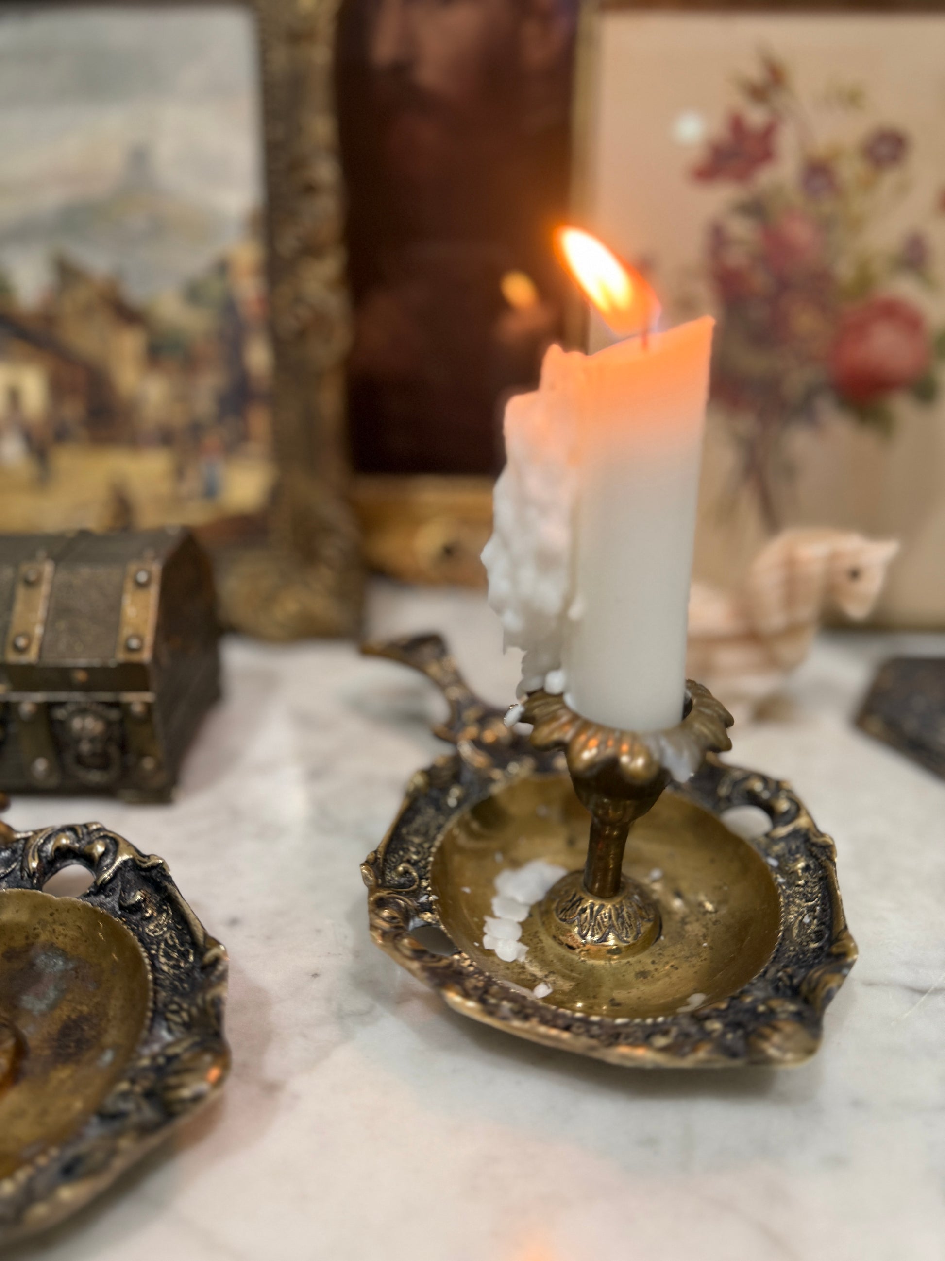Antique, Vintage, Forgotten Fineries, Home Decor, Brass, Candlestick Holder, Chamberstick, Art Nouvea