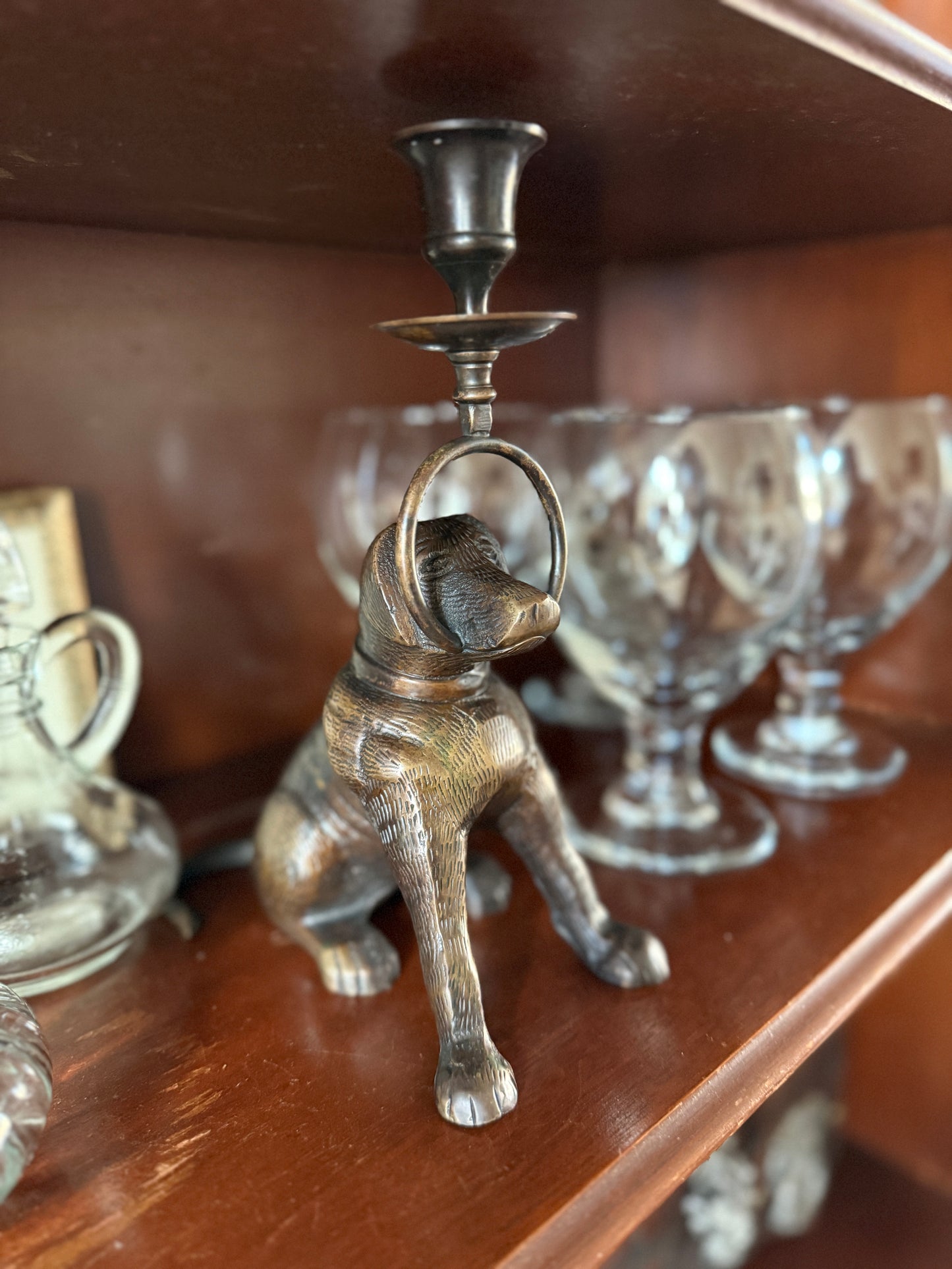 Antique Bronze Dog Candle Holder