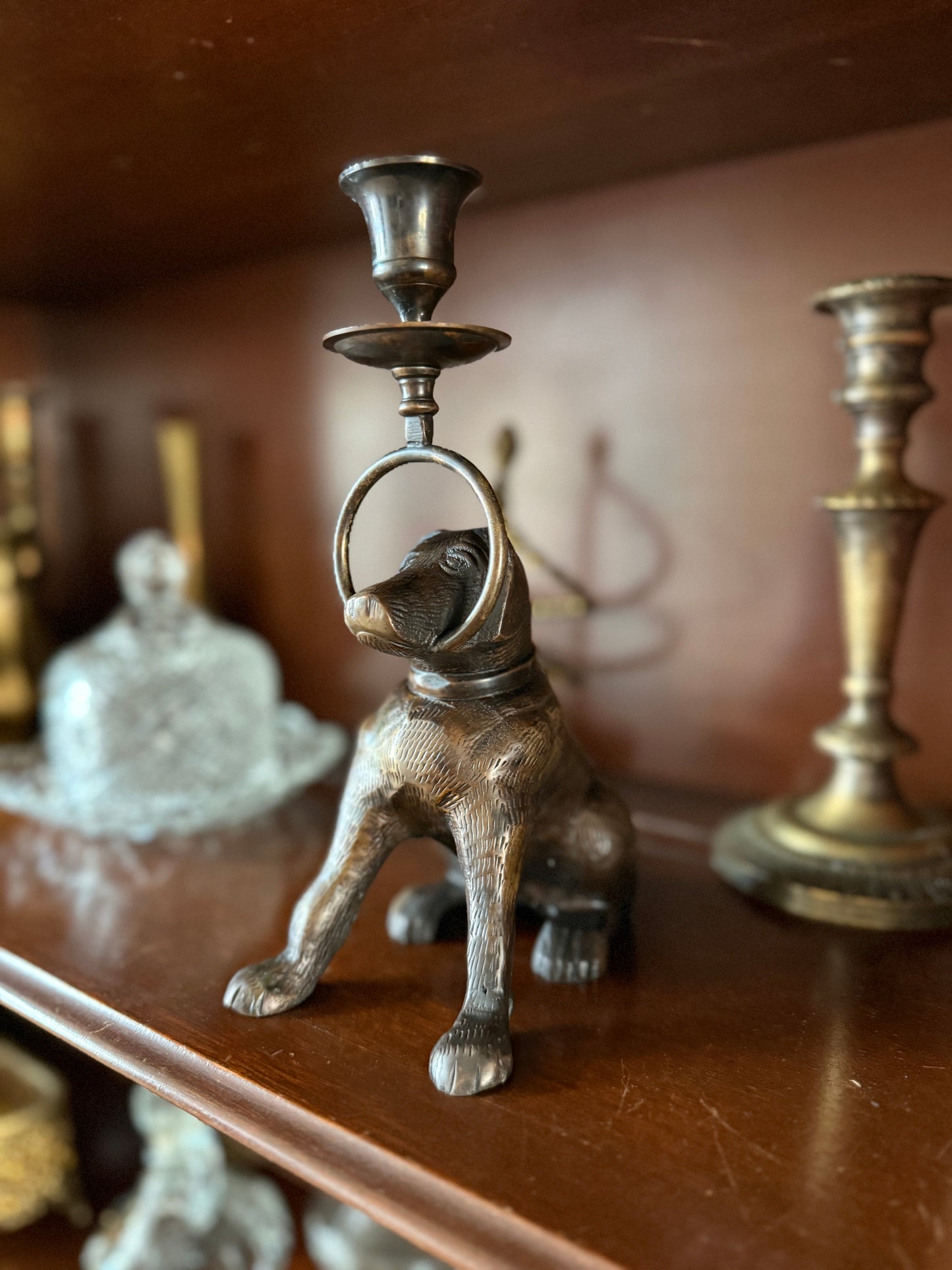 Antique Bronze Dog Candle Holder